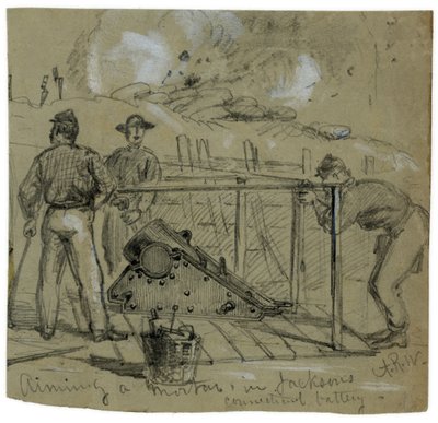 Aiming an 8-inch Union siege mortar in the trenches outside Petersburg, Virginia, as sketched by Alfred R. Waud by Alfred Rudolph Waud